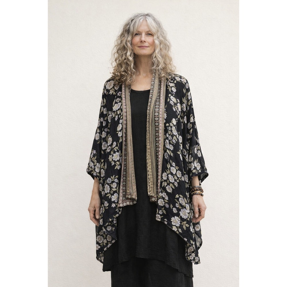 Black Floral Sheer Boho Kimono Lightweight Open Front Cardigan XL Vintage Indie